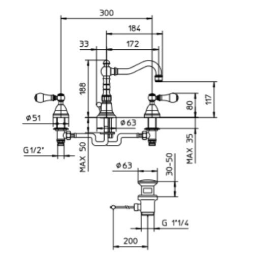 553050XX Palazzani Porter врезной смеситель для раковины на 3 отверстия с донным клапаном 553050XX - фото 10255